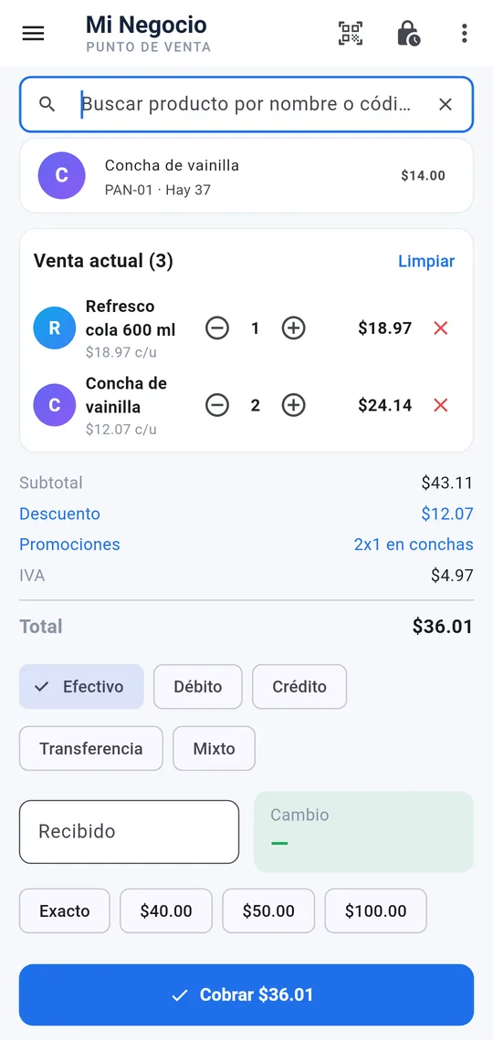 Factura Emprende en el celular: caja con una venta