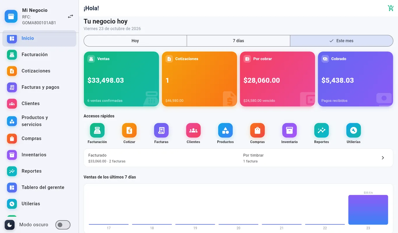 Factura Emprende en la computadora: resumen de ventas del negocio